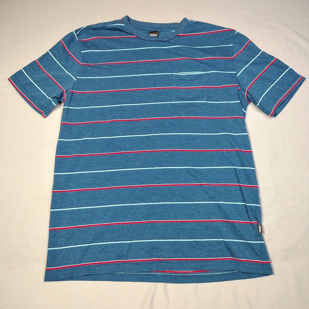 Oakley Shirt Mens Large Blue Red Striped Regular Fit Pocket Tee